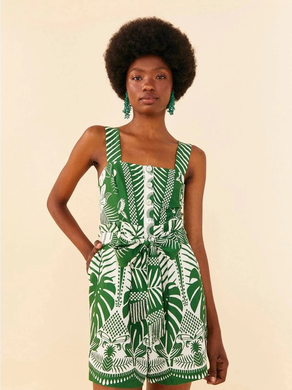 Farm Rio Green & White Tropical Print Romper with Beaded Belt and Pockets - Picture 10 of 17